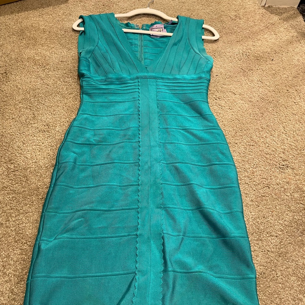 Herve Leger teal bandage dress
